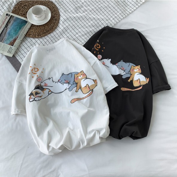 Free Shipping Fashion Anime Style Men's Oversized Loose Short-sleeved Cartoon 4 Kittens Printed T-shirt Couple Top