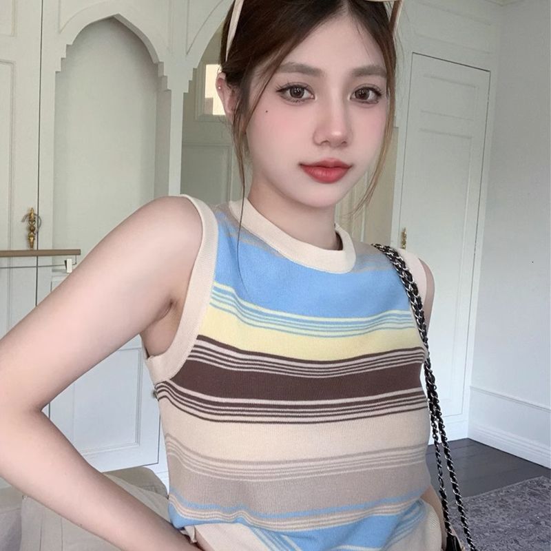 Summer new striped knitted small camisole vest women, slim fit for wearing outside and on the inside, sleeveless spicy girl top, cool silk