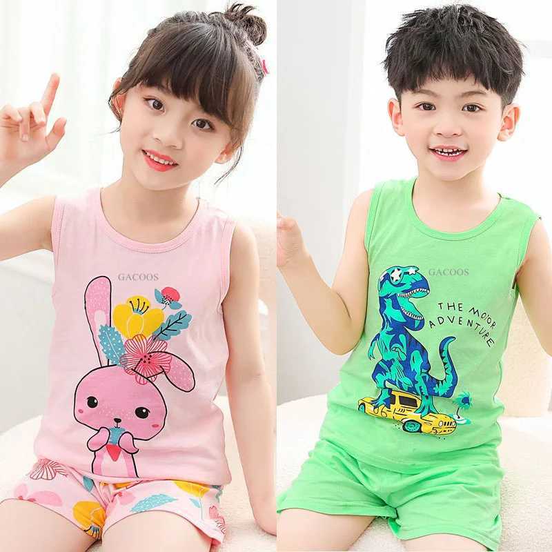 Childrens pajamas summer clothing set boys and girls vest top+shorts pajamas cartoon lion cotton childrens pajamasW240716