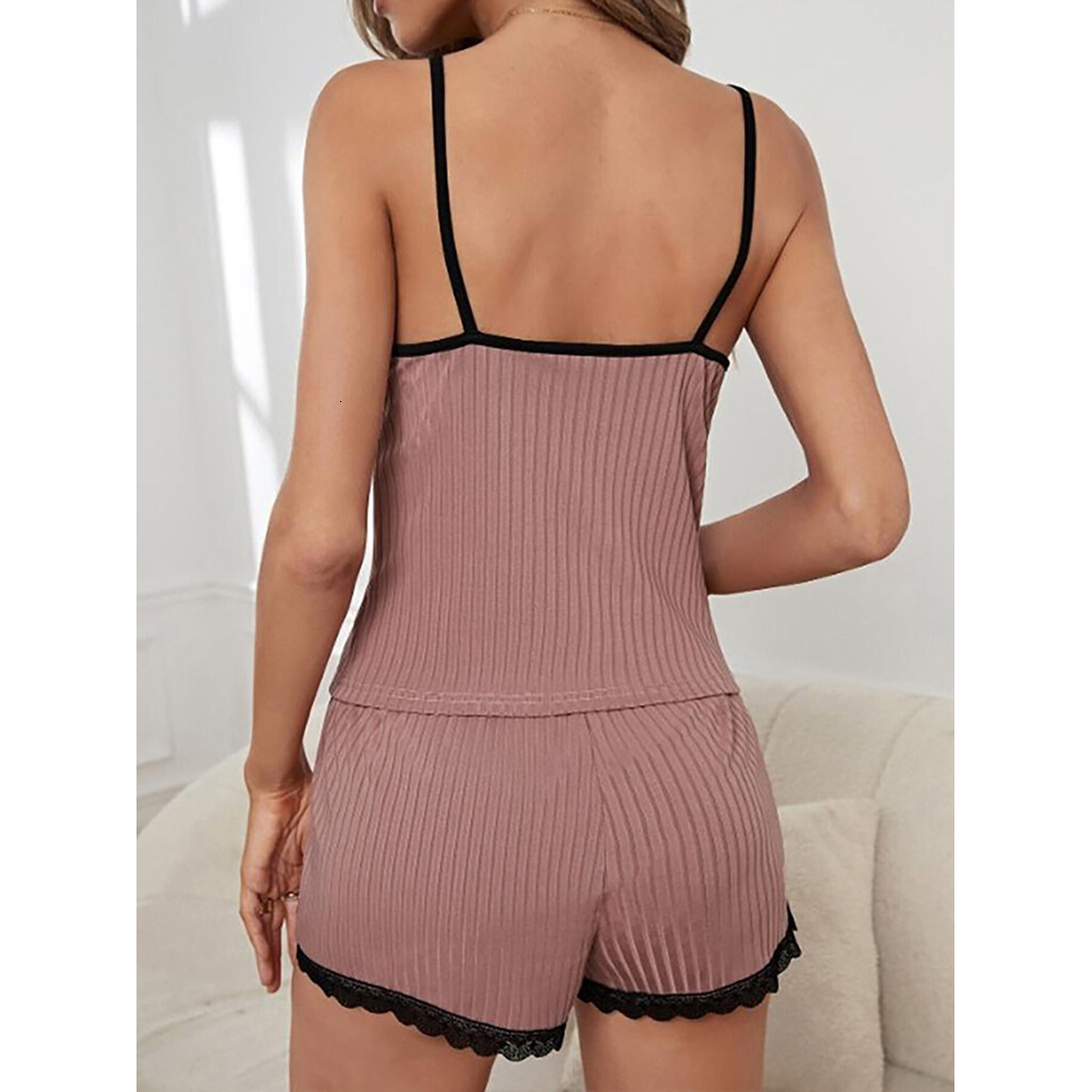 2 Piece Pamas for Women Sexy Deep V Sling Top and Shorts Sets Lace Sleepwear Lounge Set XL