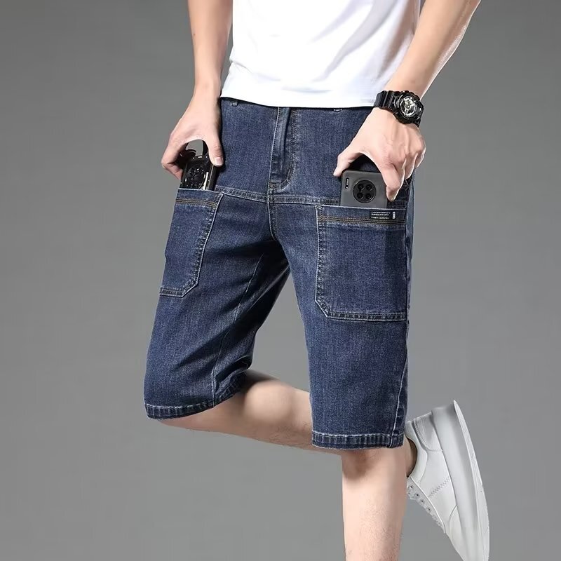 Fashionable denim shorts for men in summer, thin cut six pants, elastic loose straight leg seven inch oversized fashionable men's mid length pant