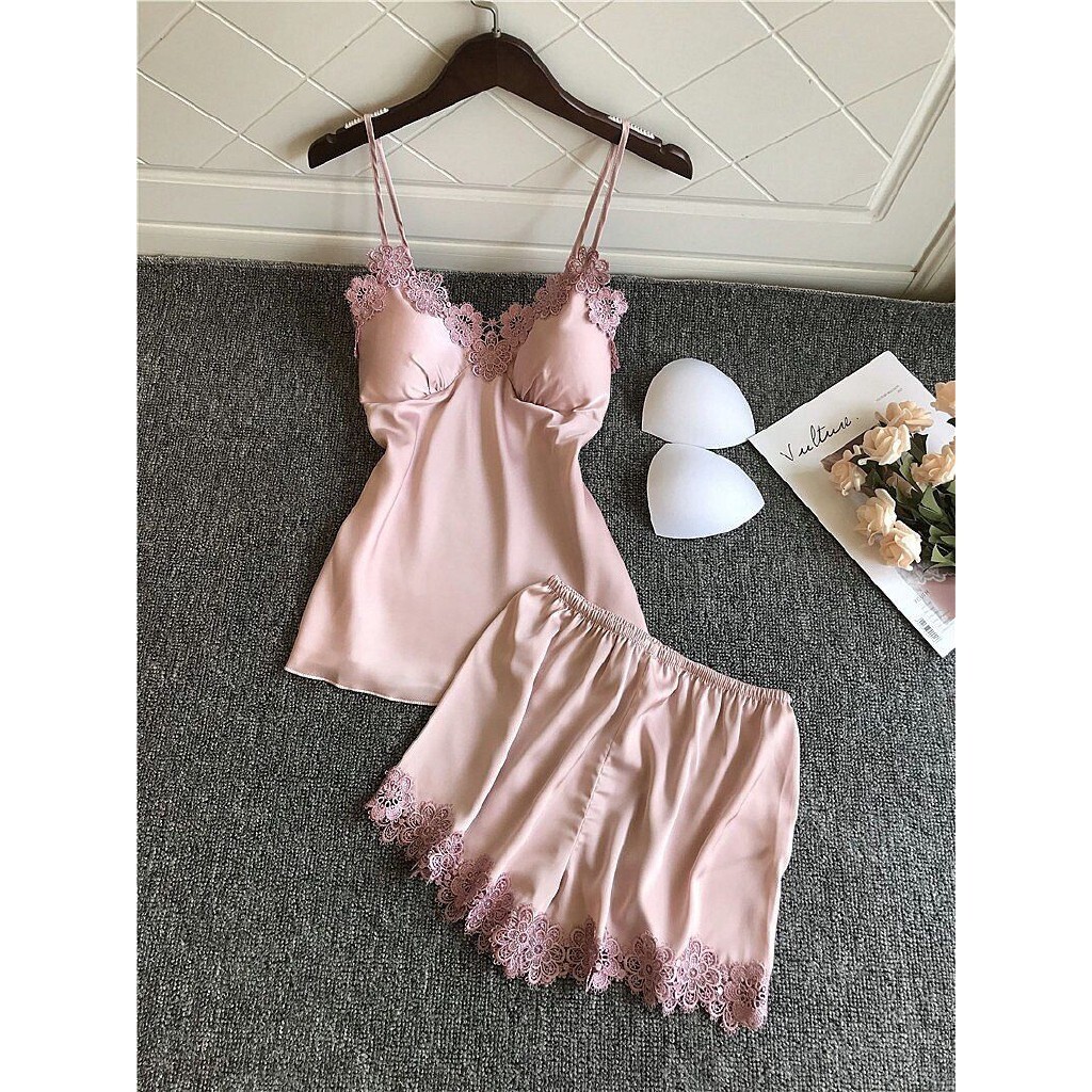 Sexy V-neck women pamas summer ice silk with chest pad nightdress shorts two-piece set thin sleepwear