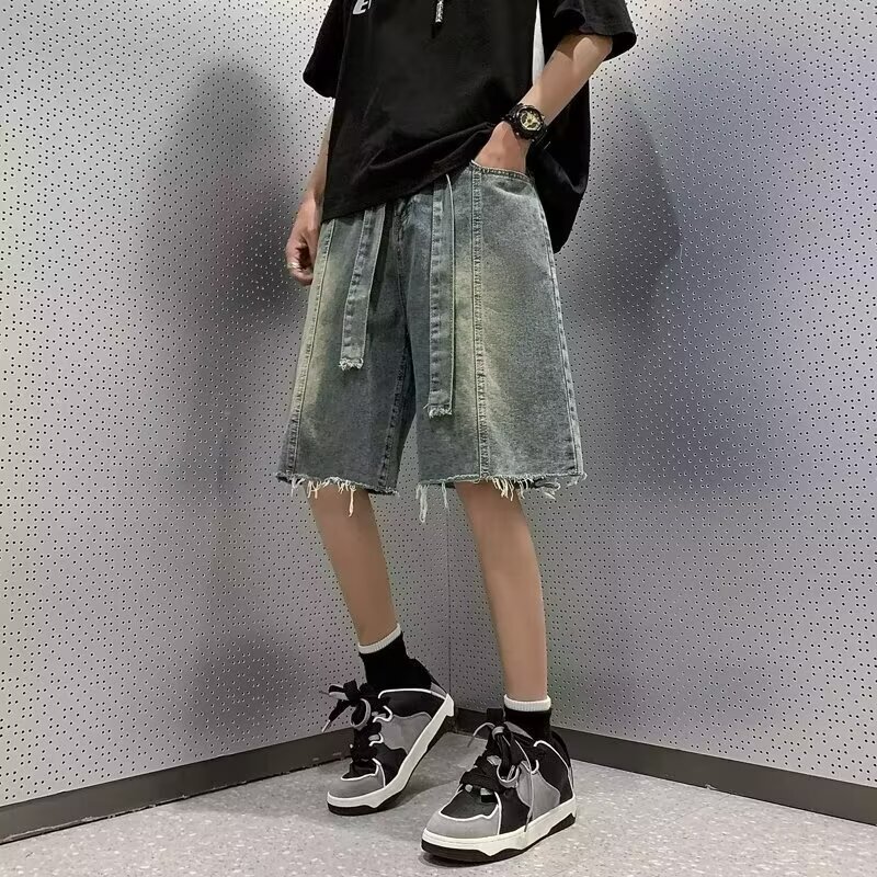 Summer thin edge denim shorts, men's trendy brand water washed casual ruffian handsome youth 5 point high street pants