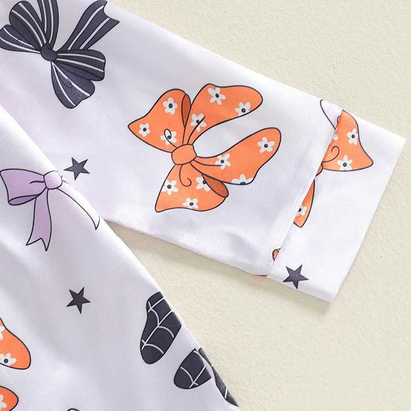 Suefenskry Childrens and Girls Halloween Pajama Set Long Sleeve Collar Pumpkin/Bow Print Shirt Pants Autumn Pajamas Casual Home ClothesW240716
