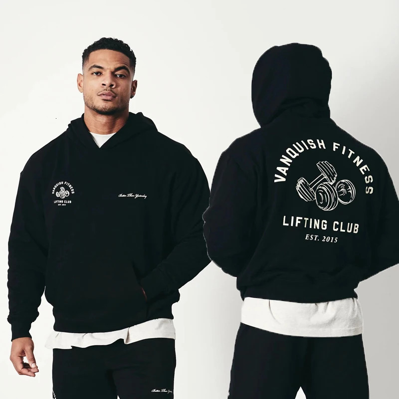Black Unconquerable Oversized Pullover Hoodie Jogger Gym Sports Fitness Mens Sweatshirt Cotton Round Neck Printed 240718