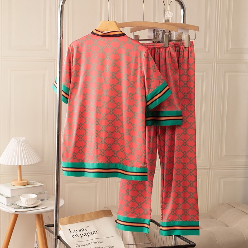3 Pcs Suit Printed Pamas Women's Spring Summer Ice Silk Sexy Short Sleeve Set Pyjamas