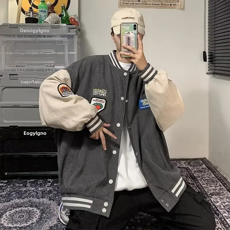 Mens Corduroy Jacket Loose Fit Versatile Trendy Hong Kong Style Casual Stand Collar Baseball Top For Spring Autumn 240712