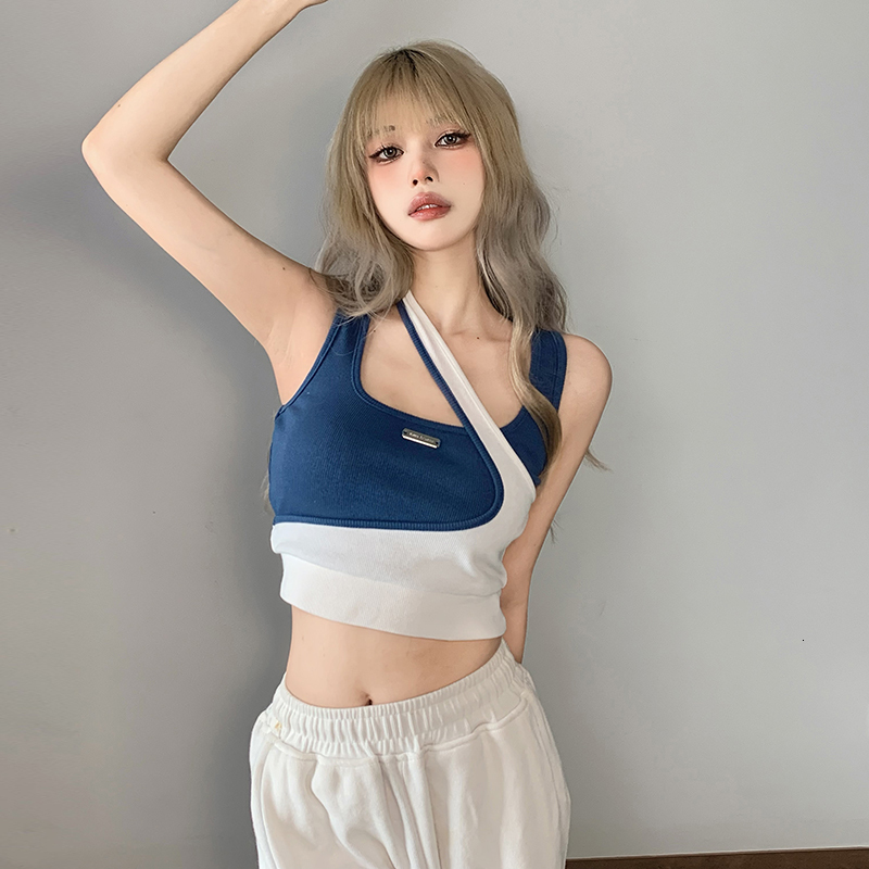 Spicy vest girl group style jazz slim fit short cut crop top with exposed navel dance top, color blocking fake, two irregular outfits for wearing outs