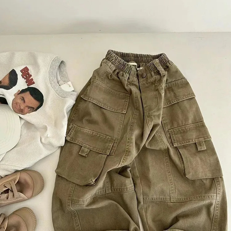 Children Clothing Boys Pants Spring and Autumn Cool Multi-pocket Overalls Boy Baby Casual Solid Handsome Kids Pants 240716