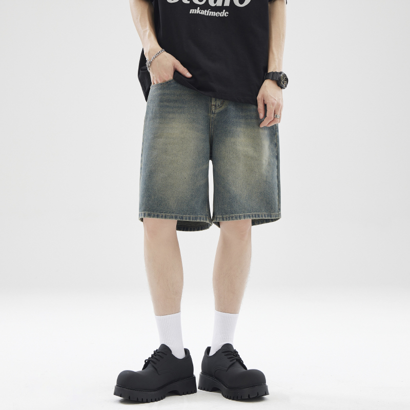 2024 Summer American washed vintage denim shorts for men and women, straight leg loose clean fit five quarter pants trend
