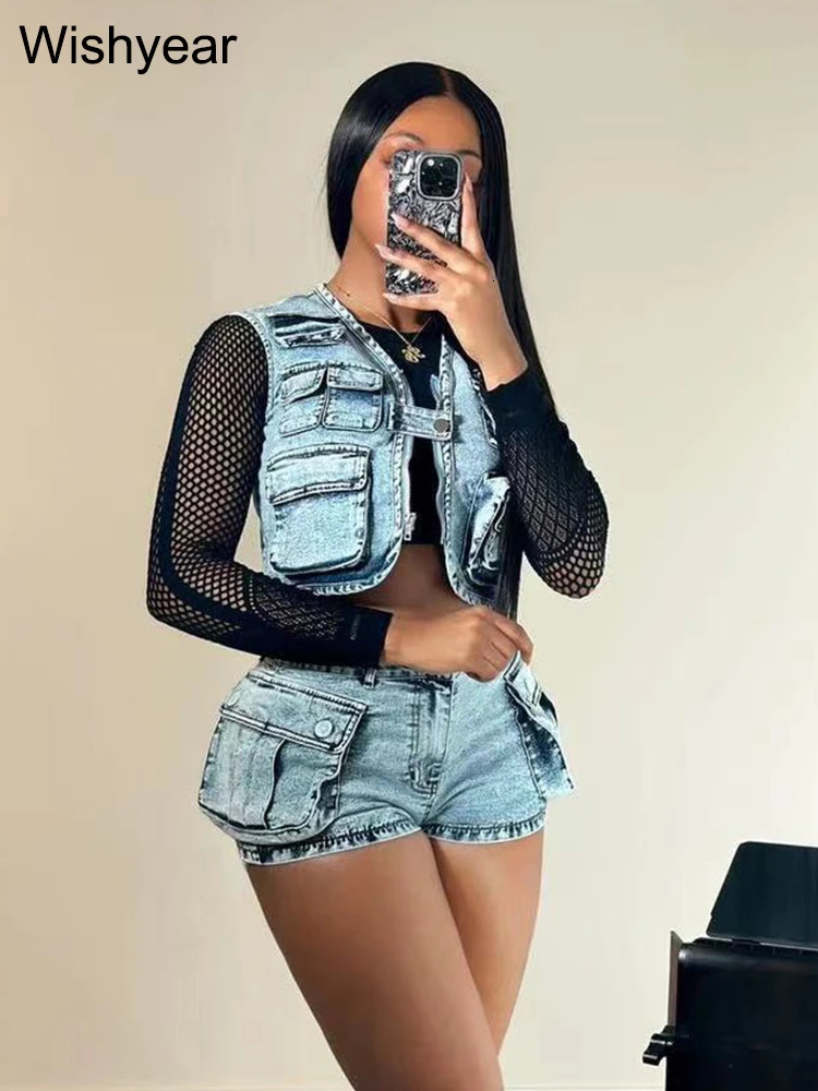 Sexy Stretch Denim Pockets Sleeveless Vest Jackets Crop Tops and Shorts Jean Two 2 Piece Set Birthday Club Beach Outfits 240716