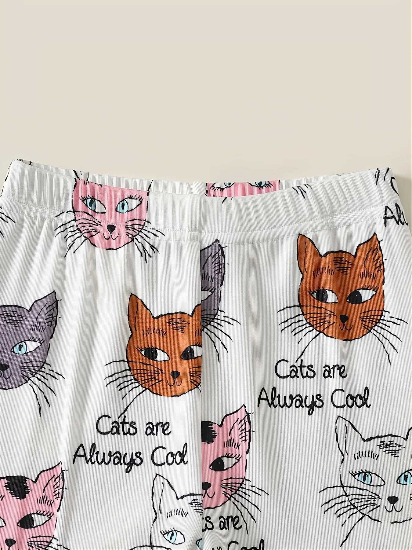 Girls two-piece cute cat head in spring and summer full-color comparison long sleeved tight fitting pajamas family setW240716