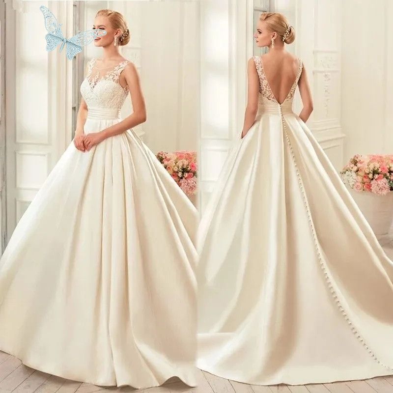 Elegant Ivory Satin A Line Wedding Dresses Modern Boho Garden Robes de Mariee Sweep Train Buttons Simple Bridal Reception Gowns Custom Made