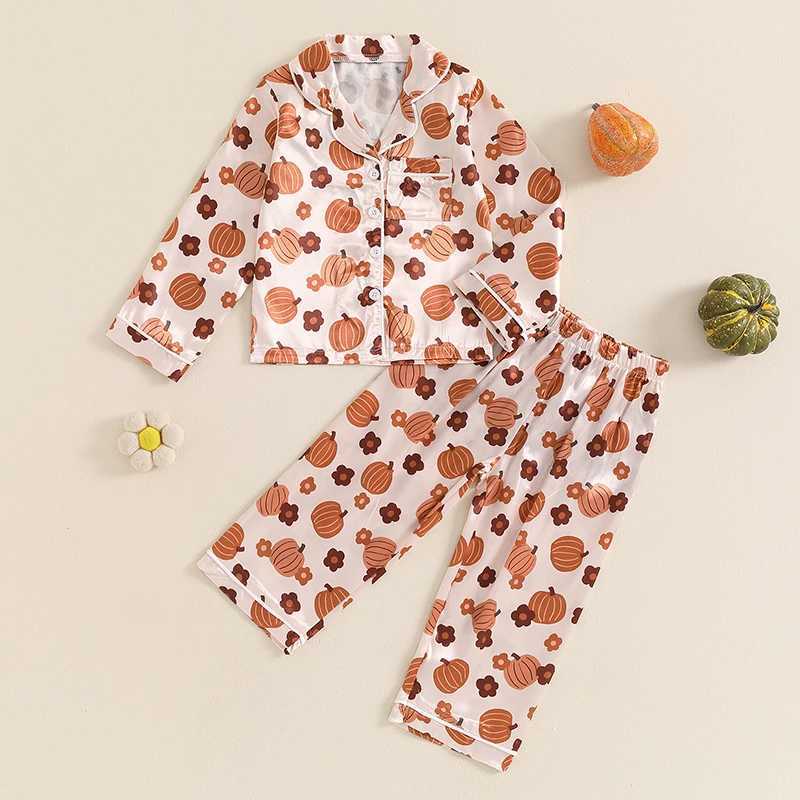 1-5Y Little Girl Satin Pajama Set Pumpkin Flower Long Sleeve Shirt Set Childrens Halloween Pajama Childrens Lounge SetW240716