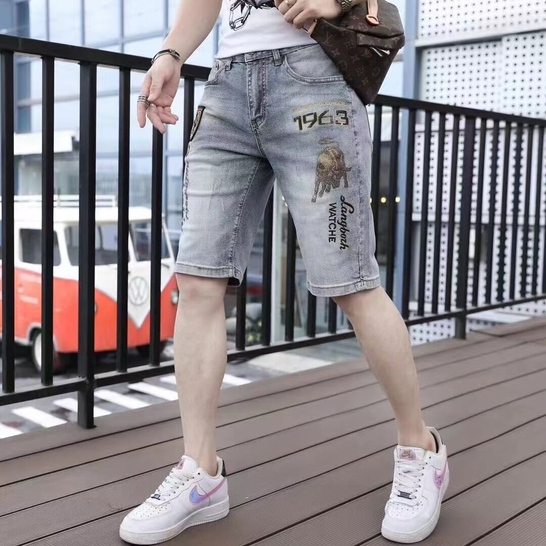 European station men's Denim Shorts summer cropped trend slim fitting breeches casual elastic pants