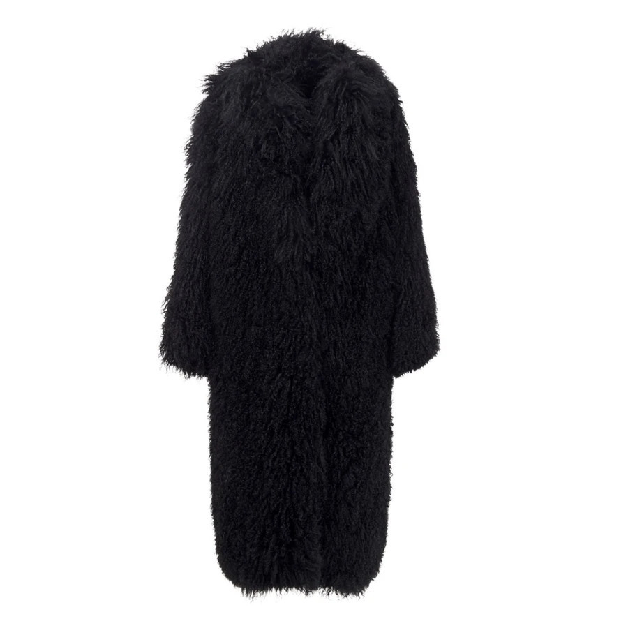 Womens Lambskin Coats Real Lamb Fur Coat Black Mongolian Fur Warm Winter Real Sheep Fur Long Coat 240716