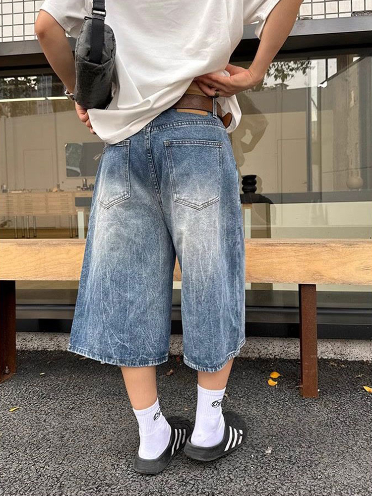 New American washed lightning pattern loose cropped denim shorts men and women, straight leg summer pants for the streets