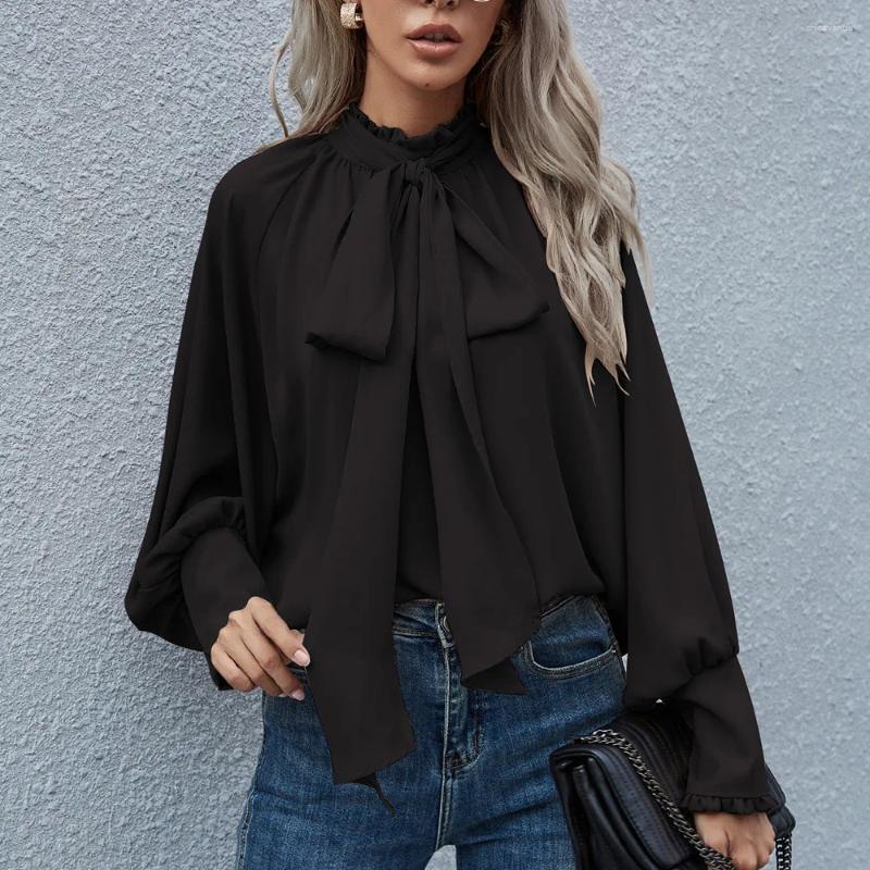 Women's Blouses Fashion Solid Color Chiffon Shirts Women Bowknot Leace-up Sleeve Temperament Elegant Lady Trendy Commuting Clothing