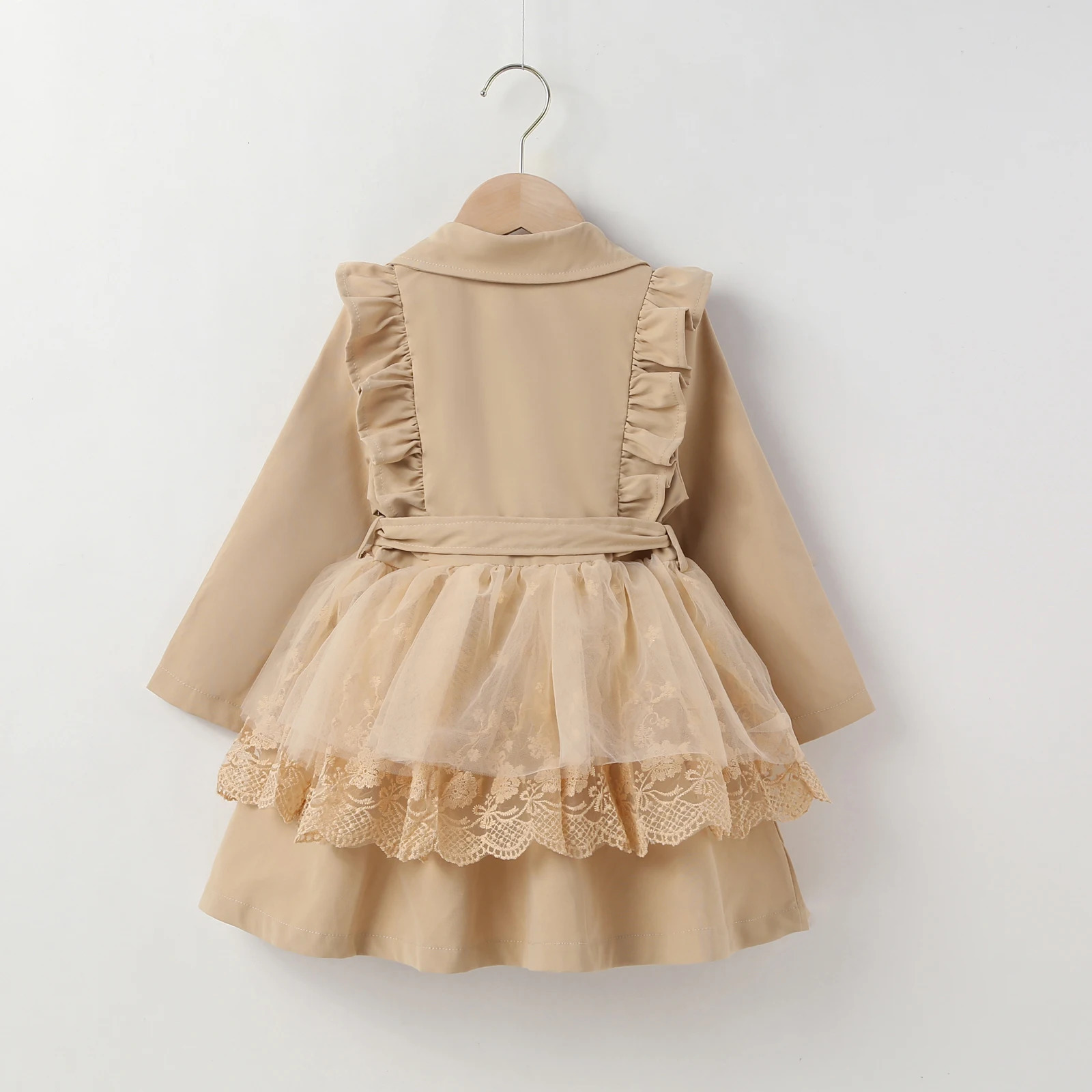 Kid Baby Girl Winter Trench Coat Lace Mesh Patchwork Long Sleeve Lapel Ruffle Double Breasted Windbreaker Outwear with Belt 2-7T 240711