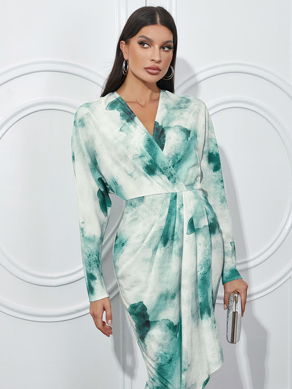 European and Americaong sleeved side slit irregular dye printed dress dress