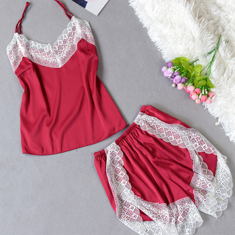 2024 New Ice Silk Pamas Women's Sexy Lace Sling Shorts Two Piece Pijama