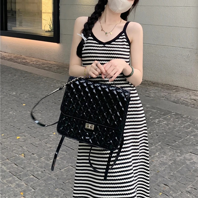 V-neck Striped Spaghetti Straps Knitted Dress Womens Summer Long A- line Dress 240715