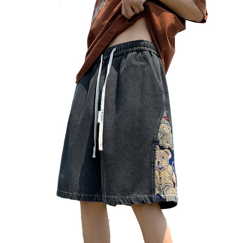Little Bear Splicing Cowboy Shorts for Men in Summer, Thin, Loose, Large, Casual, American Trendy Brand, 5/10 Mid Pants