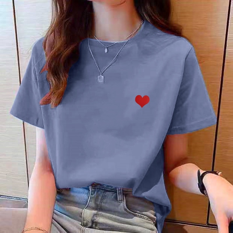 Women Simple Love Print Short Sleeve T-shirt Loose Top Korean Style Casual Tee