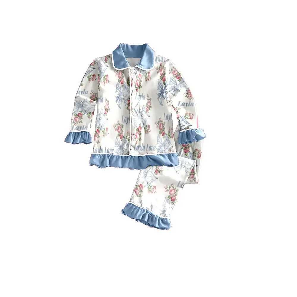 Boutique Printed Pajamas Childrens Girls Set Necklace Button Girls Pajamas 2-piece SetW240716