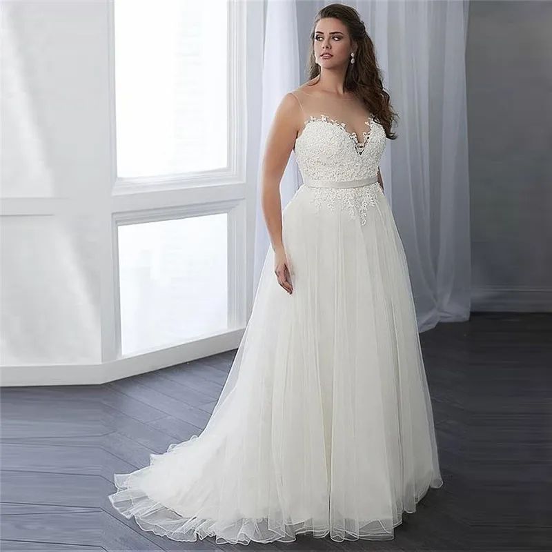 Plus Size A Line Wedding Dresses Sheer Jewel Neck 2024 Boho Lace Appliqued Long Tulle Bridal Gowns Lace-up Back Vestidos De Novia Custom Made