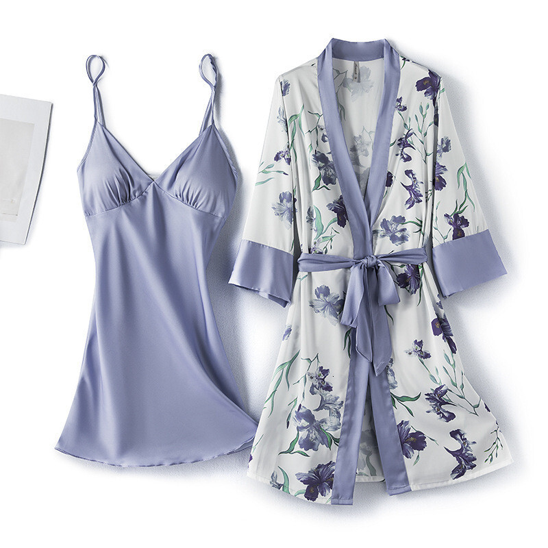 Ice Silk Pamas,Women's Summer Thin Sexy With Chest Pad Robe Set