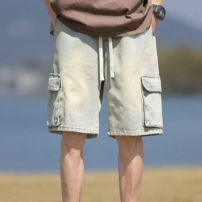 American workwear denim shorts men's 2024 summer new style washed gradient straight tube loose large pocket cool pants