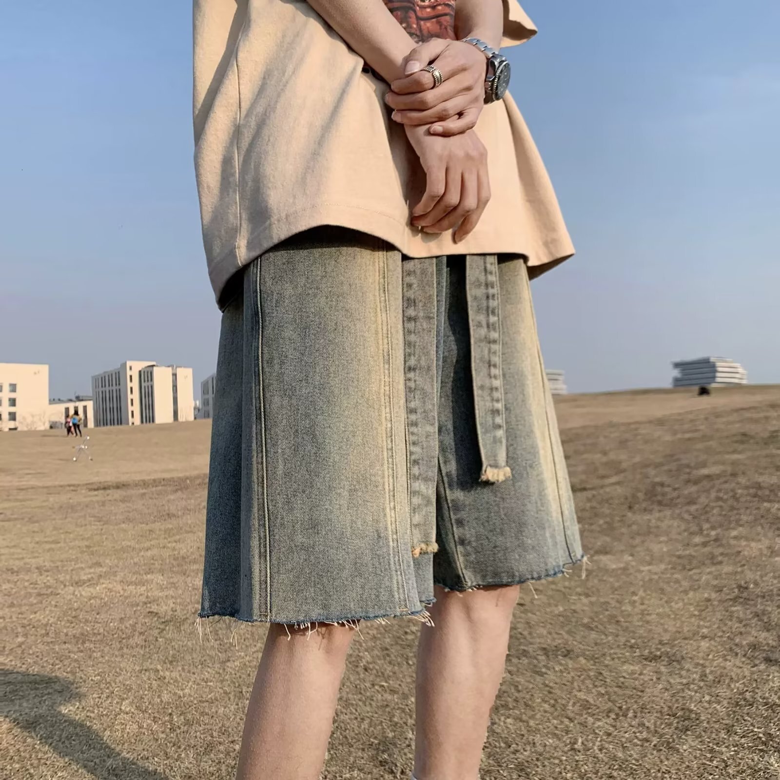 Denim shorts fringed summer trend American washed distressed straight leg loose casual men's five quarter pants