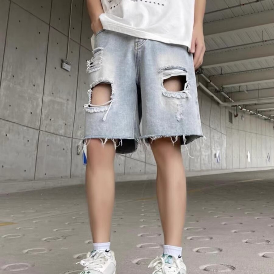 Denim shorts, men's summer thin style with distressed edges, design sense of niche high street trendy brand Instagram new five part pants