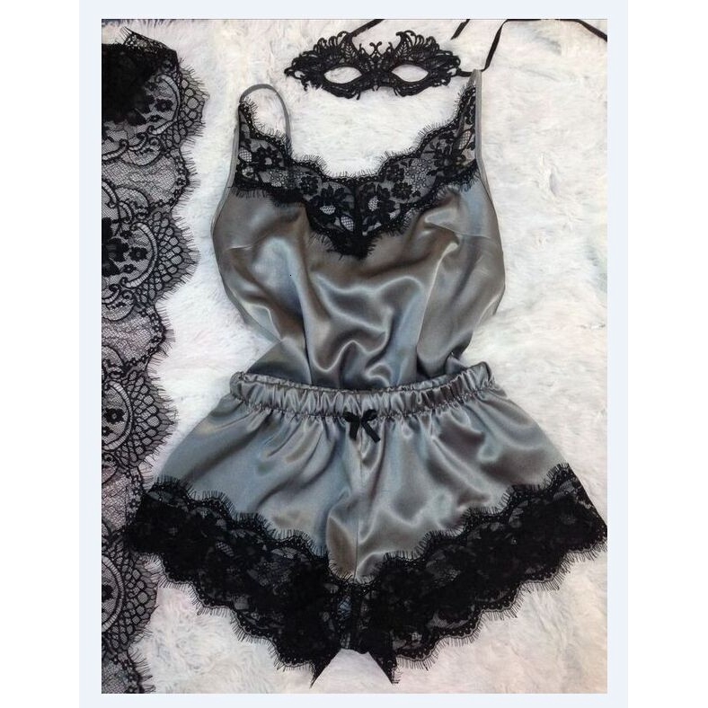 Women Sleepwear Sexy Lace Pamas Pants + Blouse Set Bu Tidur Malam