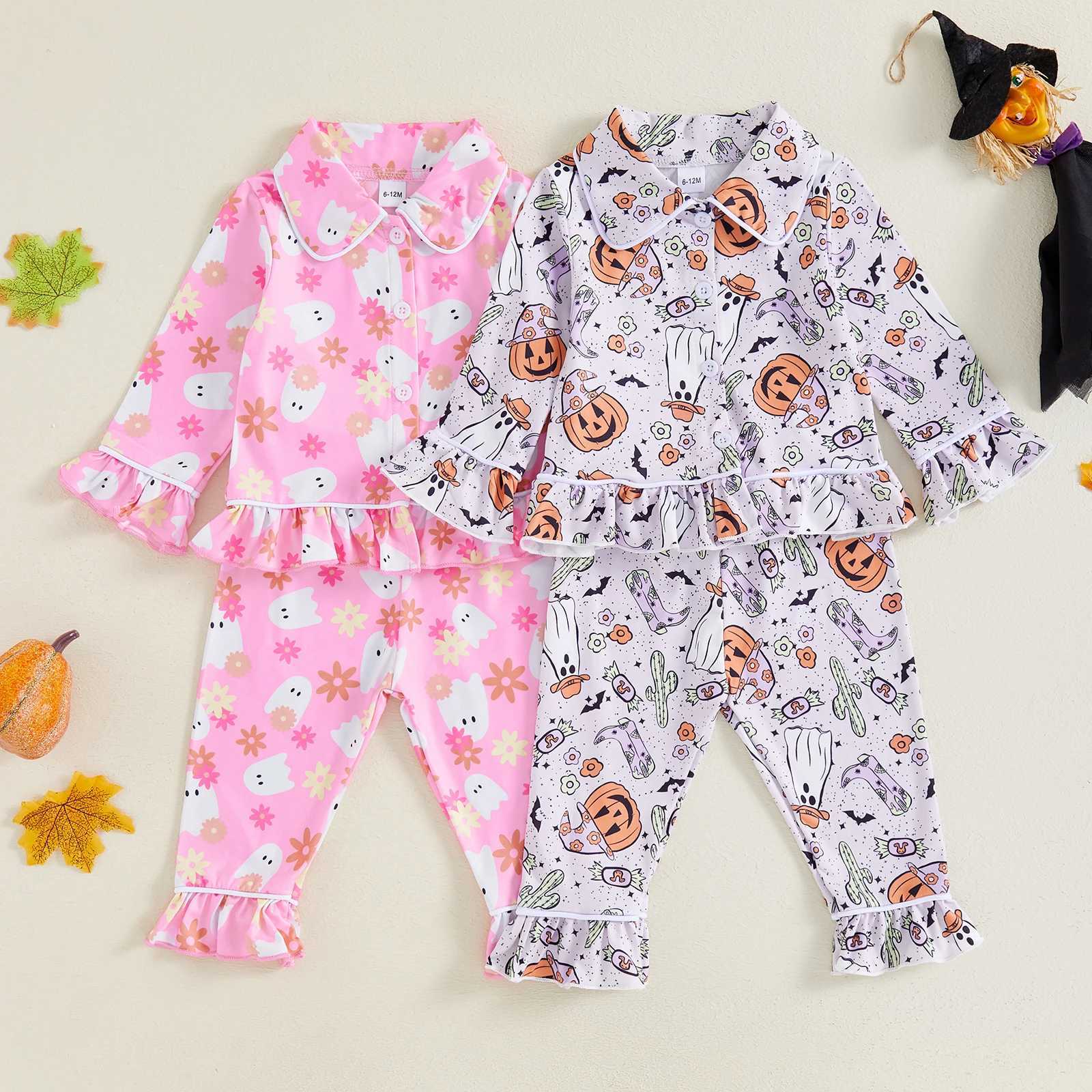 Little Girl Halloween Pajama Set Pumpkin Printed Long Sleeve Collar Button Top Ruffle Pants Pajama 6M-6TW240716