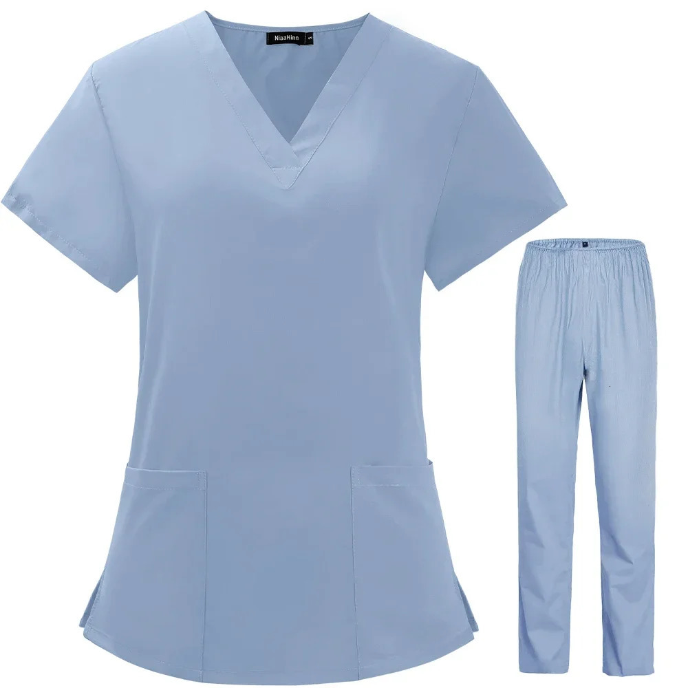 Summer Thin Unisex Scrubs Set for Man Women Beauty Salon Nurse Scrubs Suit Lab Spa Uniforms V-Neck Pet Grooming Work Wear 240715