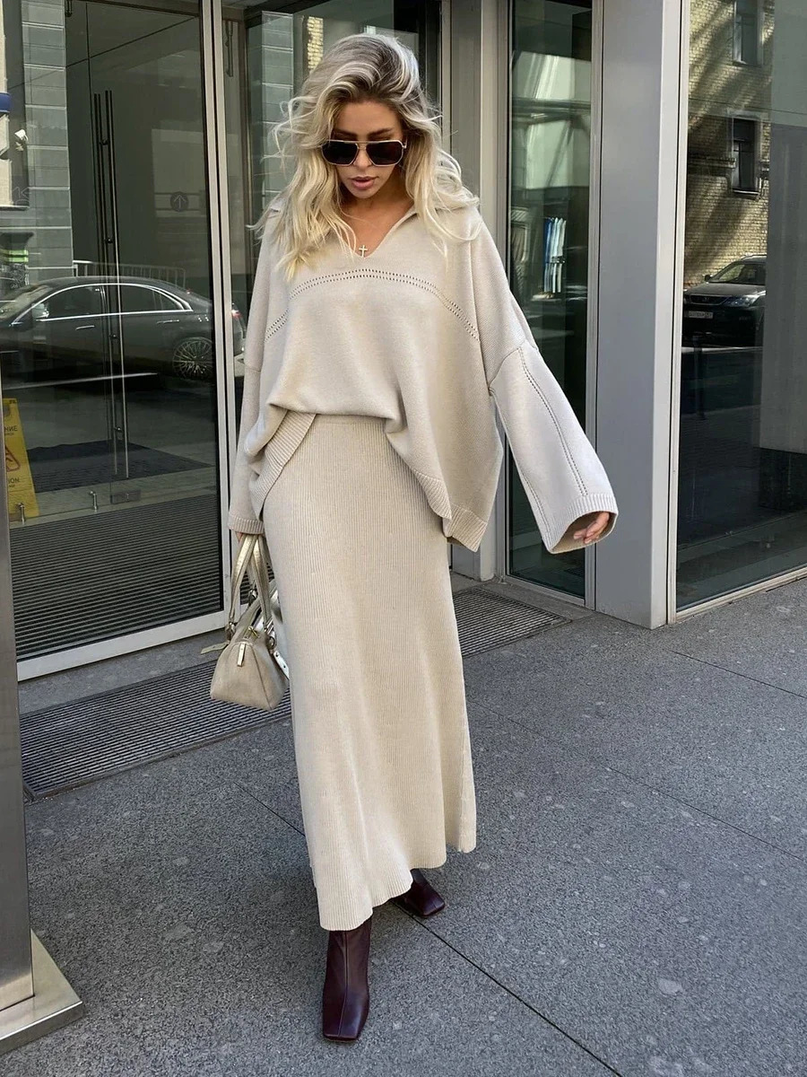 Wolfeel Winter Thick Women Knitted Suits Soft 2 Pieces Sets Female Polo Neck Sweater Elastic Waist Skirts Outfit 240712