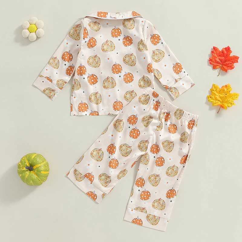 Halloween pajama set for children and girls pumpkin print long sleeved top elastic waist pants autumn satin 2-piece pajamasW240716