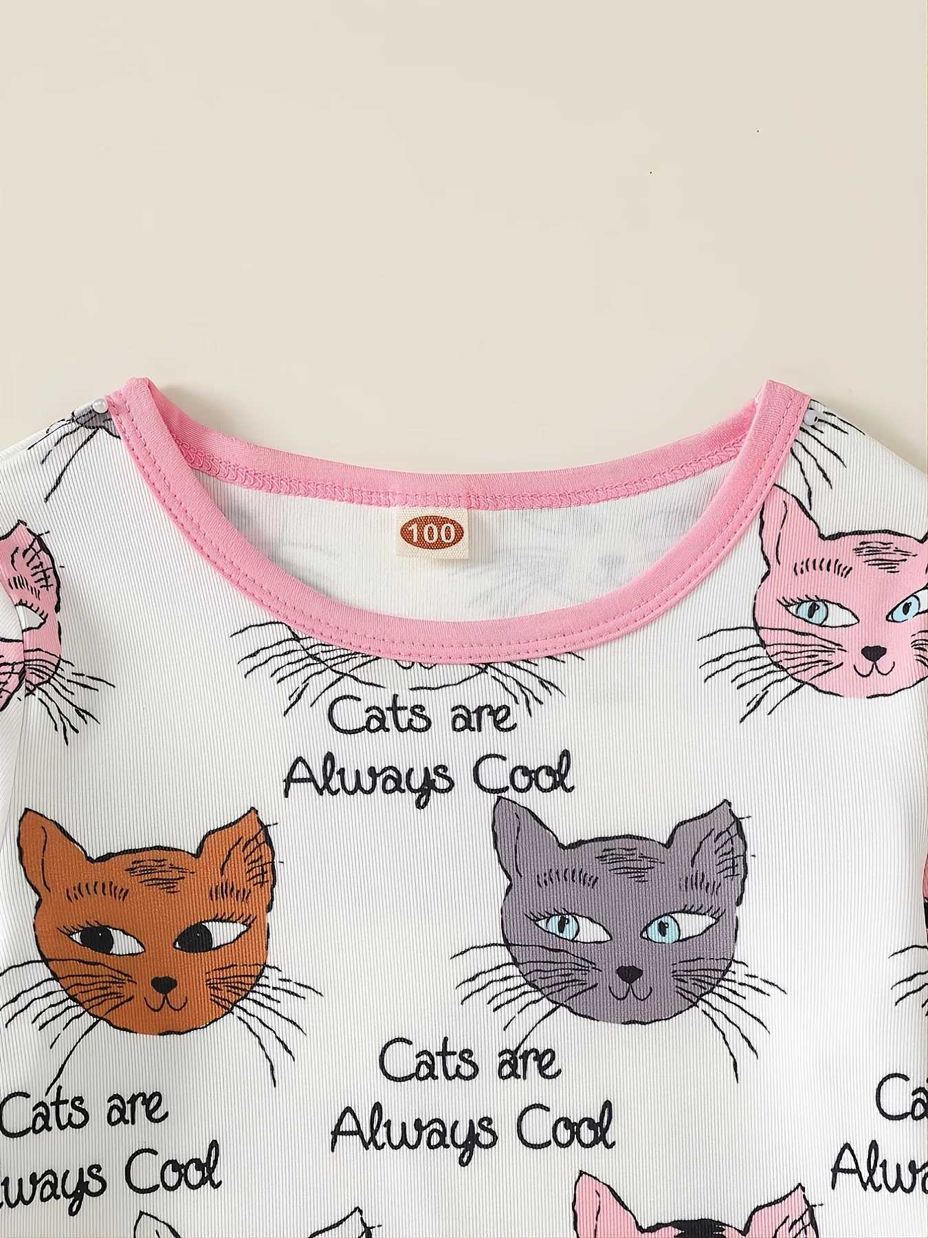 Girls two-piece cute cat head in spring and summer full-color comparison long sleeved tight fitting pajamas family setW240716
