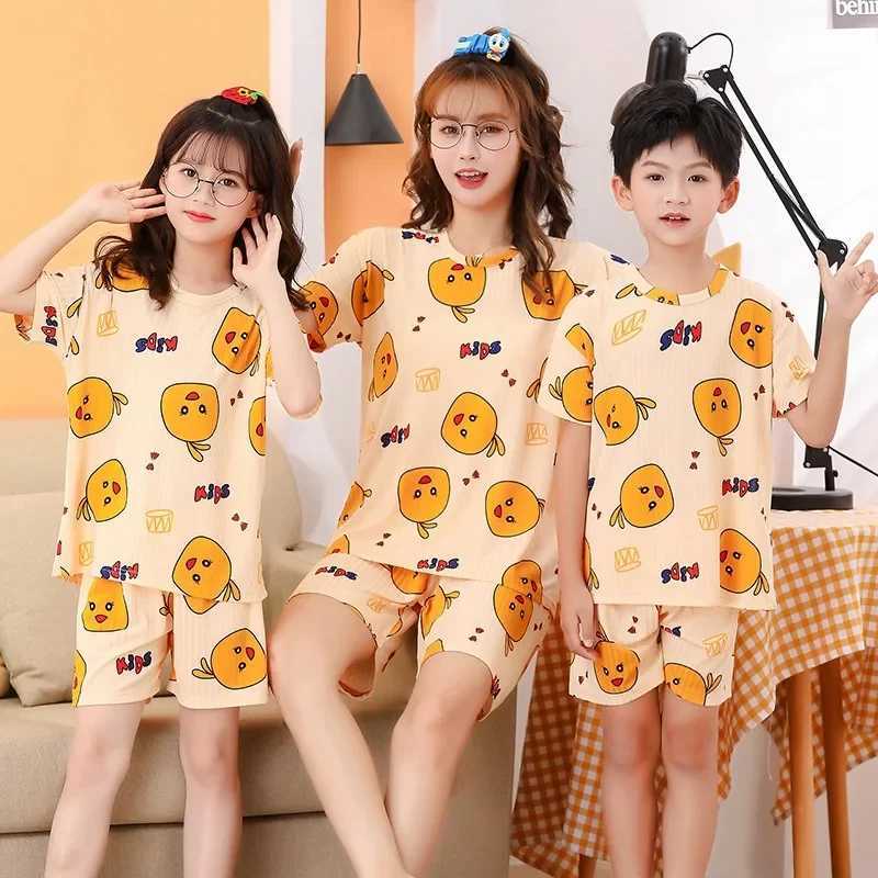 Boys and girls sleepwear new summer short sleeved childrens clothing sleepwear silk cotton sleepwear set for children 2 4 6 8 12 16 years oldW240716