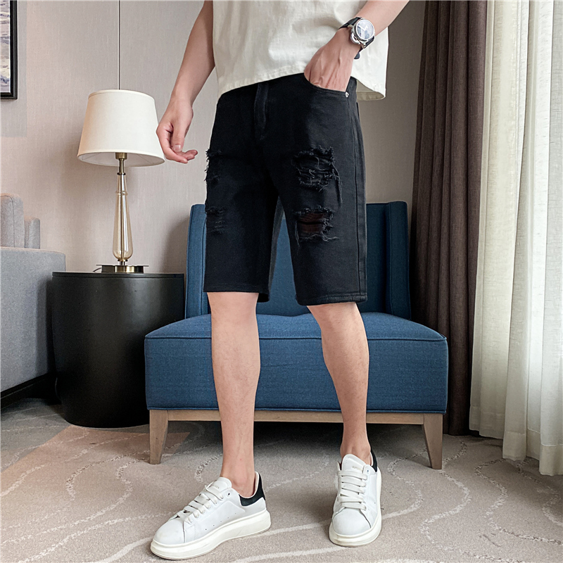 Trendy brand ripped shorts men's Korean washed mid length summer thin white denim five quarter pants