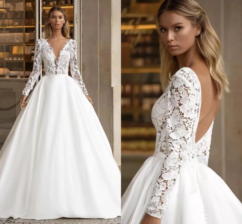 Long Sleeved Lace Ball Gown Wedding Dresses V Neck Backless Satin Vintage Bridal Gowns Custom Made