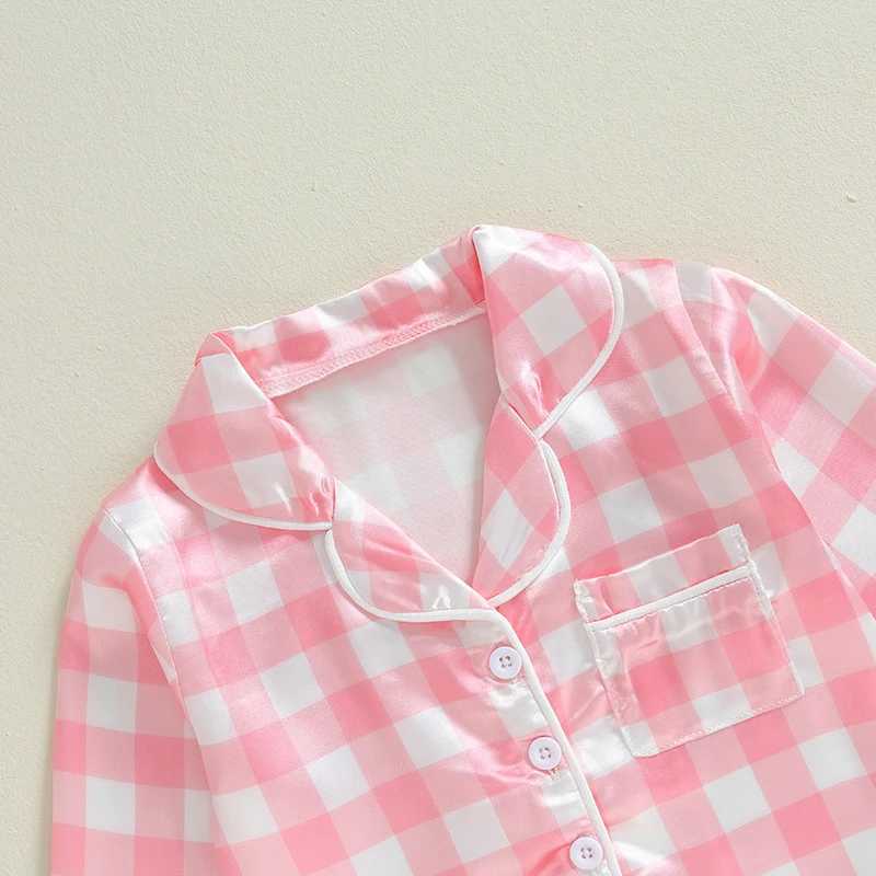 Childrens and womens satin sleepwear autumn set plain printed button down shirt long pants bottom sleepwear lounge setW240716