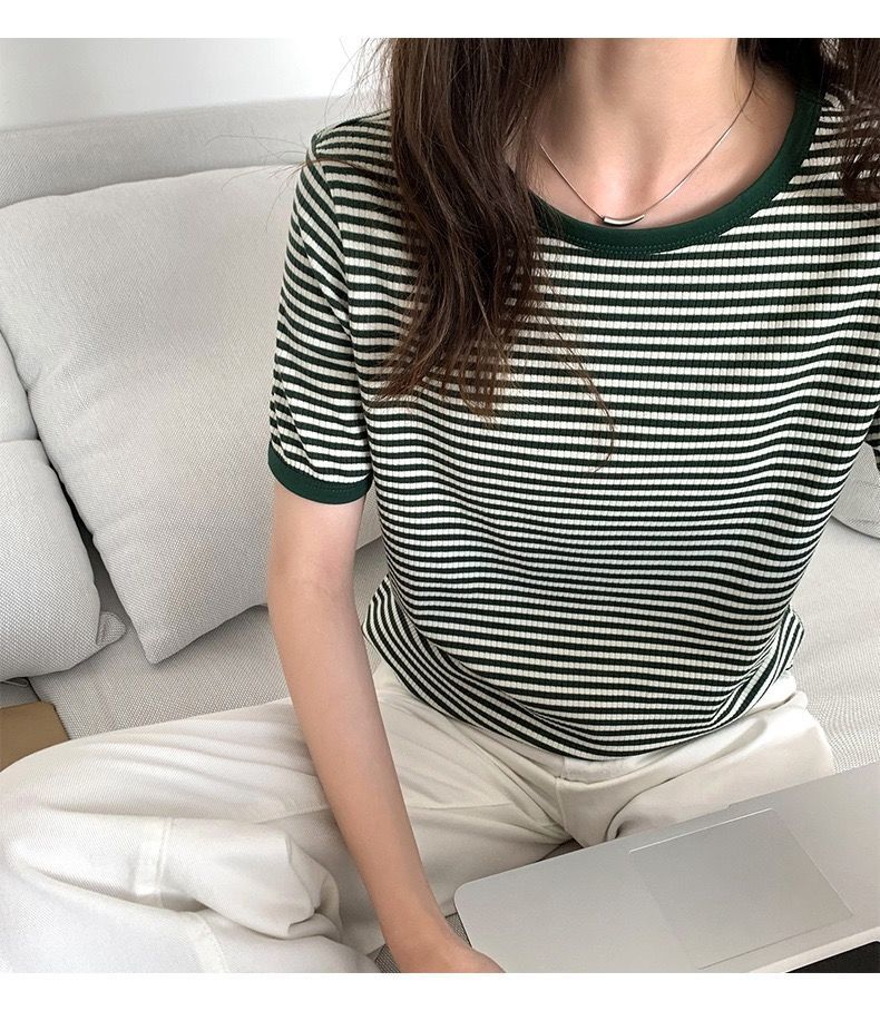 T-shirts Women's Round Neck Striped Tee Lady's Short Sleeve Female T-shirt Korean Style Fashion Top