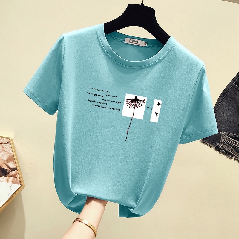 Girls' Summer Clothes Style Printed T-shirt Short Sleeve New Fashion Casual Women's Large Round Neck Loose Top