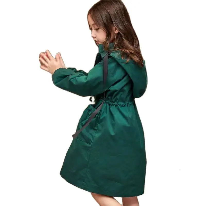 Teenage Girl Long Trench Coat For Kids Solid Hooded Fashion Windbreaker Young Children Autumn Outerwear Clothing Girls Jacket 15 240711
