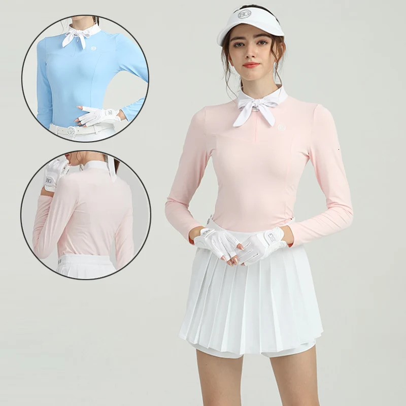 Blktee Women Elastic Quick Dry Golf Shirt Ladies Bow Tie Long Sleeve T-shirt Ladies Slim Zipper Collar Golf Tops Casual Clothing 240715