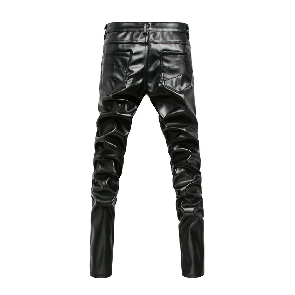 Winter Men Skinny Biker Pu Leather Pants High Street Fashion Motorcycle Trousers For Male Stage Club Wear 240717