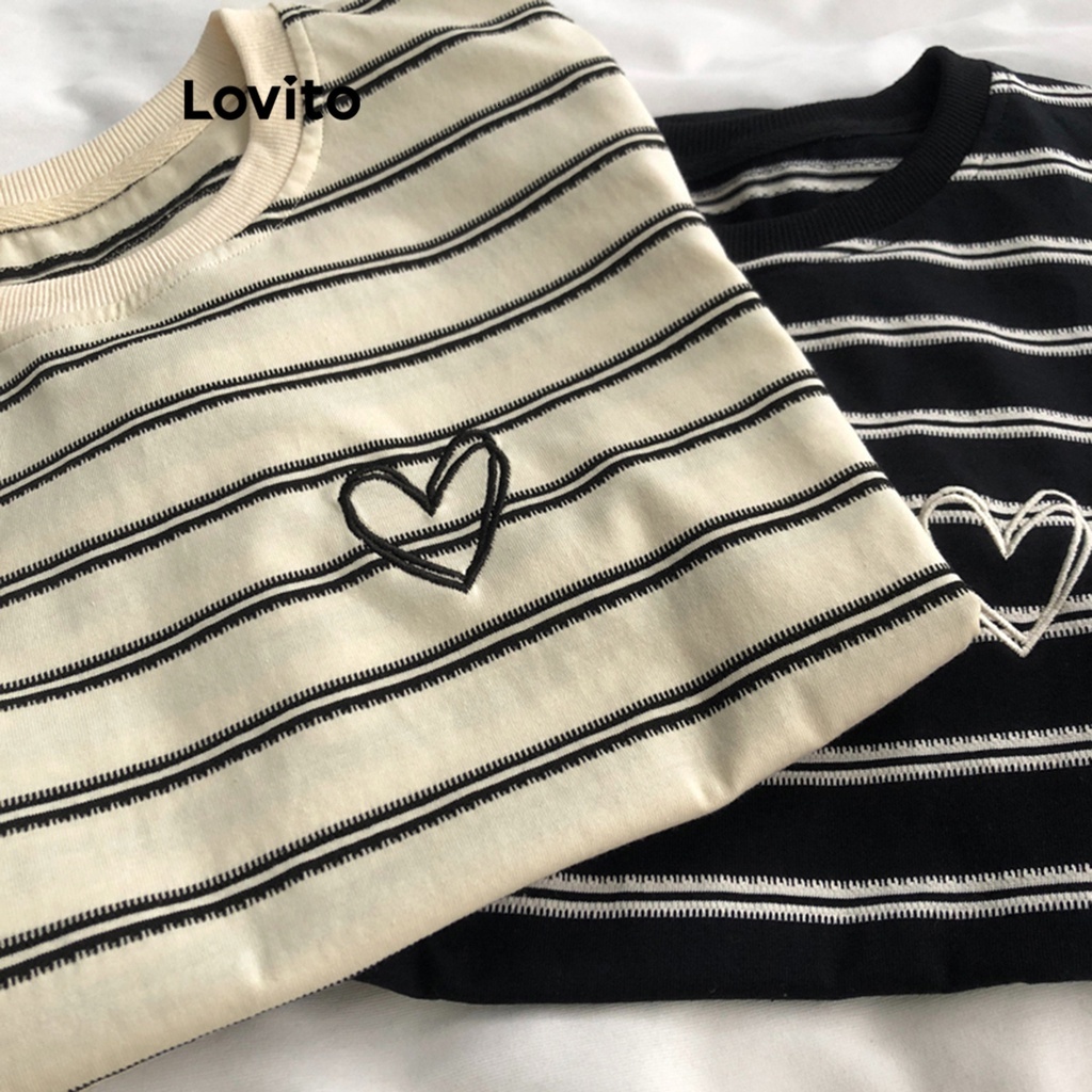 Lovito Casual Striped Round Neck Heart Print T-Shirt for Women LNE24003 (Apricot/Black)